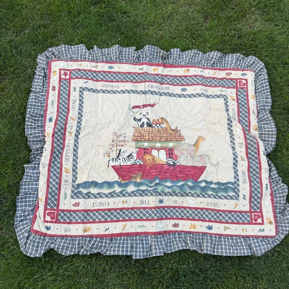 Noah's Ark Quilted Baby Blanket Ruffle Plaid Animal Crackers Nursery Blue Red
